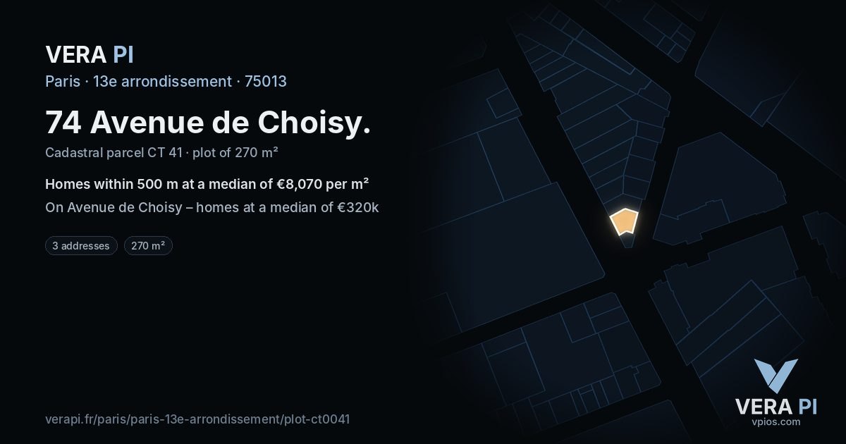 74 Avenue de Choisy, 13e arrondissement at night – the plot lit, the parcels around coloured by the prices near them