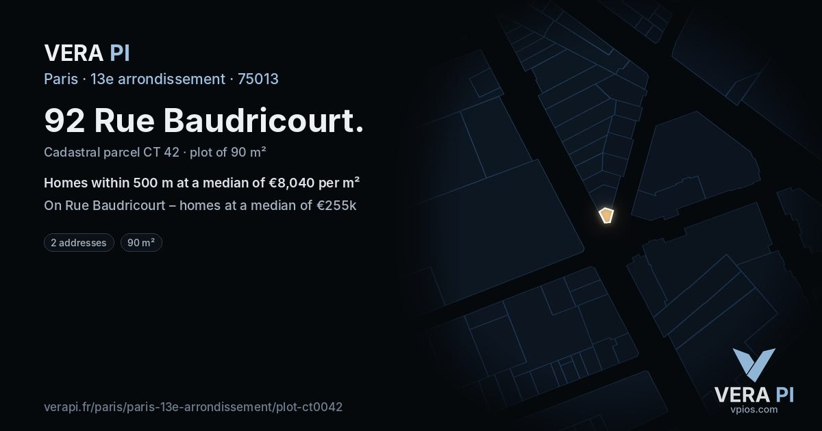 92 Rue Baudricourt, 13e arrondissement at night – the plot lit, the parcels around coloured by the prices near them