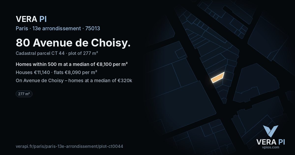 80 Avenue de Choisy, 13e arrondissement at night – the plot lit, the parcels around coloured by the prices near them
