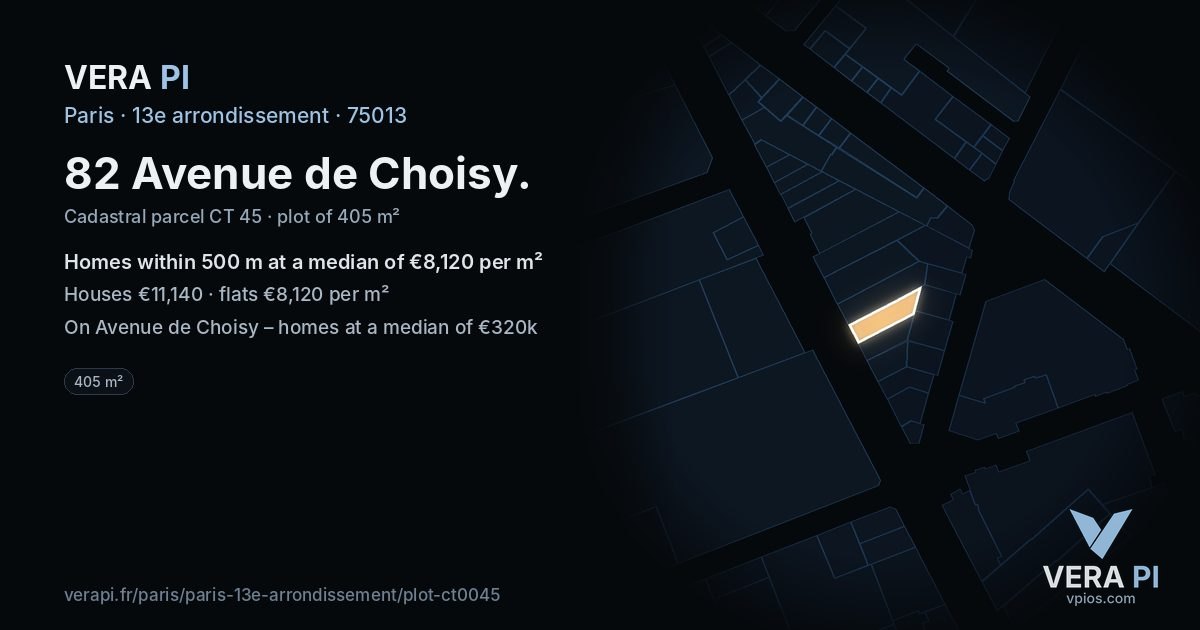 82 Avenue de Choisy, 13e arrondissement at night – the plot lit, the parcels around coloured by the prices near them