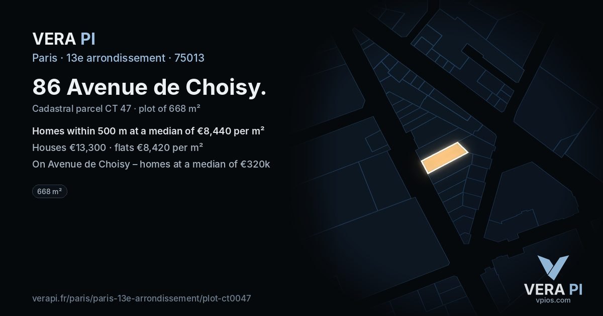 86 Avenue de Choisy, 13e arrondissement at night – the plot lit, the parcels around coloured by the prices near them