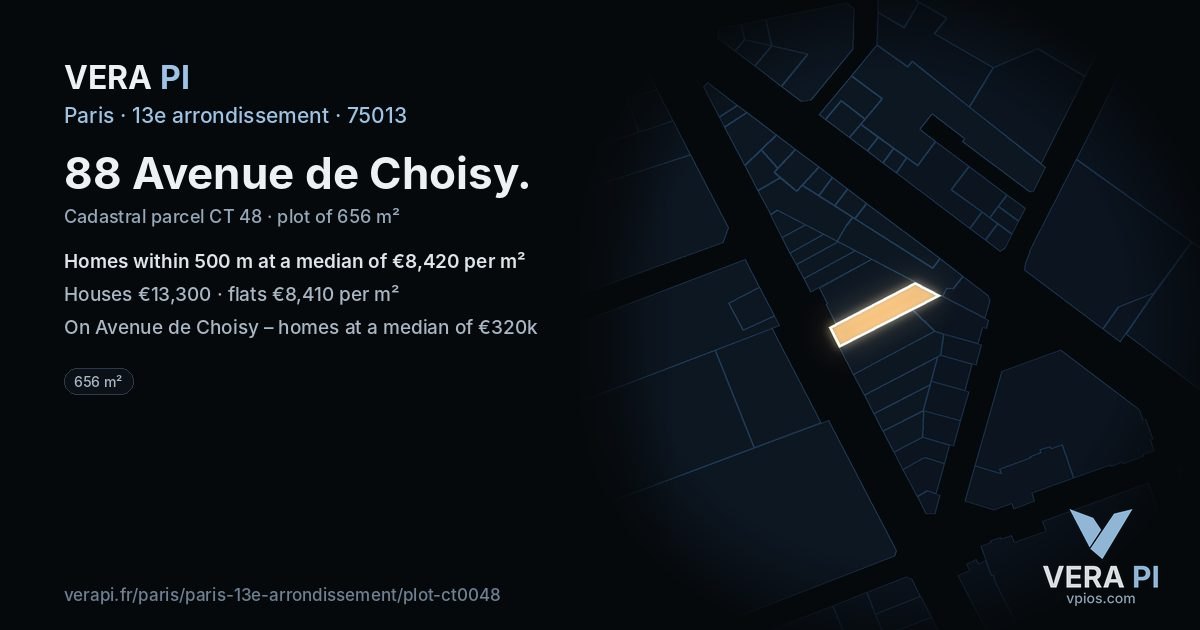 88 Avenue de Choisy, 13e arrondissement at night – the plot lit, the parcels around coloured by the prices near them