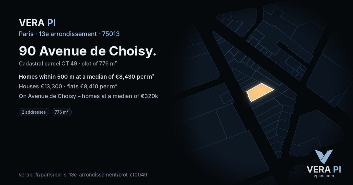 90 Avenue de Choisy, 13e arrondissement at night – the plot lit, the parcels around coloured by the prices near them