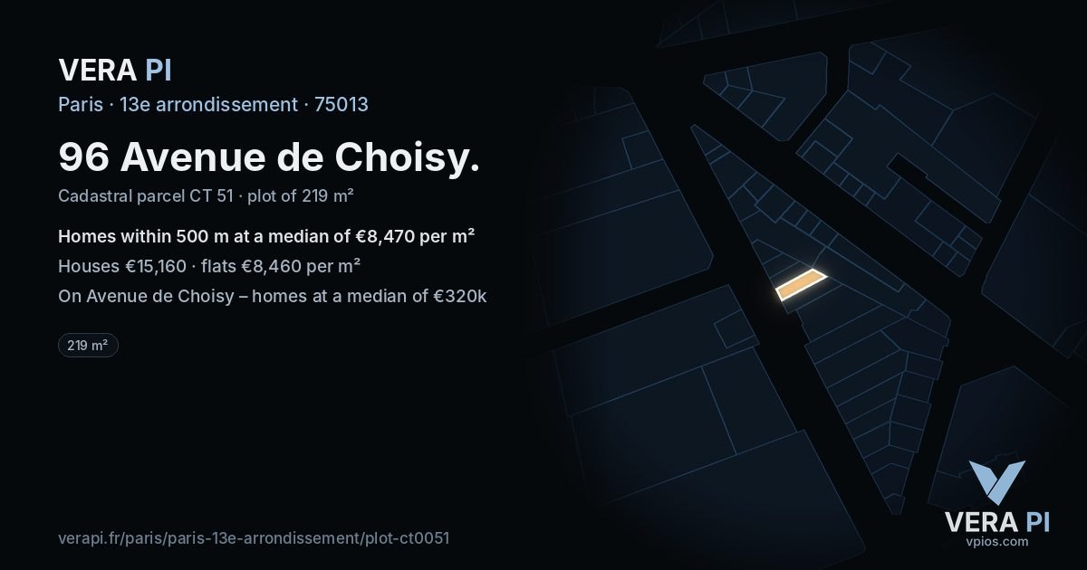 96 Avenue de Choisy, 13e arrondissement at night – the plot lit, the parcels around coloured by the prices near them