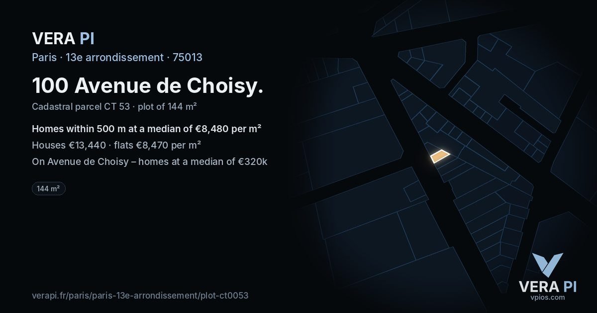 100 Avenue de Choisy, 13e arrondissement at night – the plot lit, the parcels around coloured by the prices near them