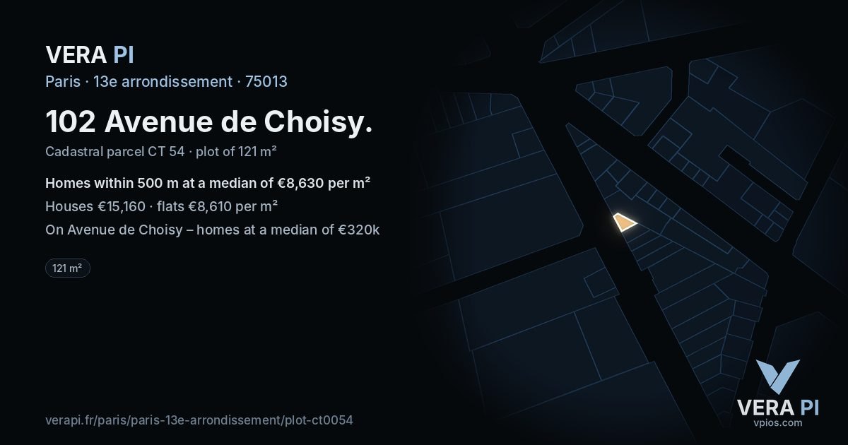 102 Avenue de Choisy, 13e arrondissement at night – the plot lit, the parcels around coloured by the prices near them