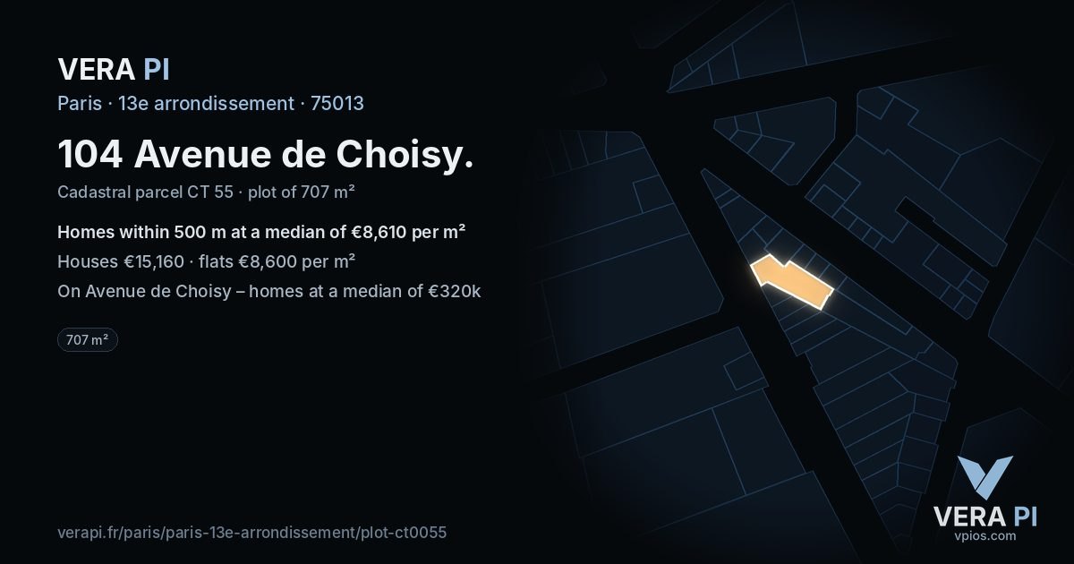 104 Avenue de Choisy, 13e arrondissement at night – the plot lit, the parcels around coloured by the prices near them