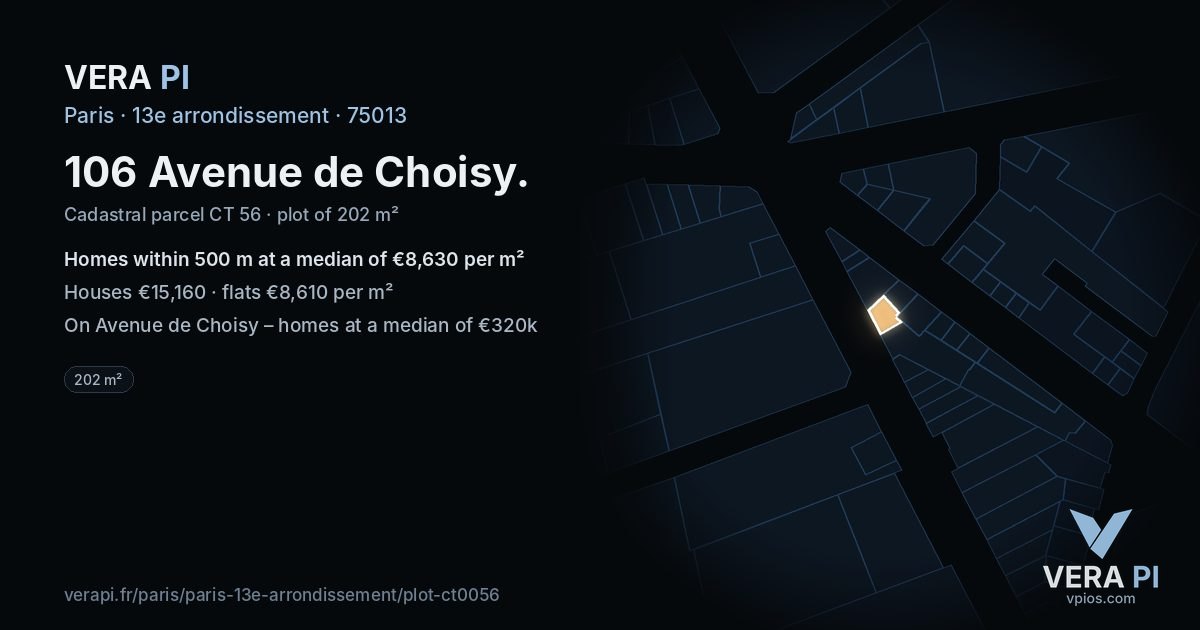 106 Avenue de Choisy, 13e arrondissement at night – the plot lit, the parcels around coloured by the prices near them