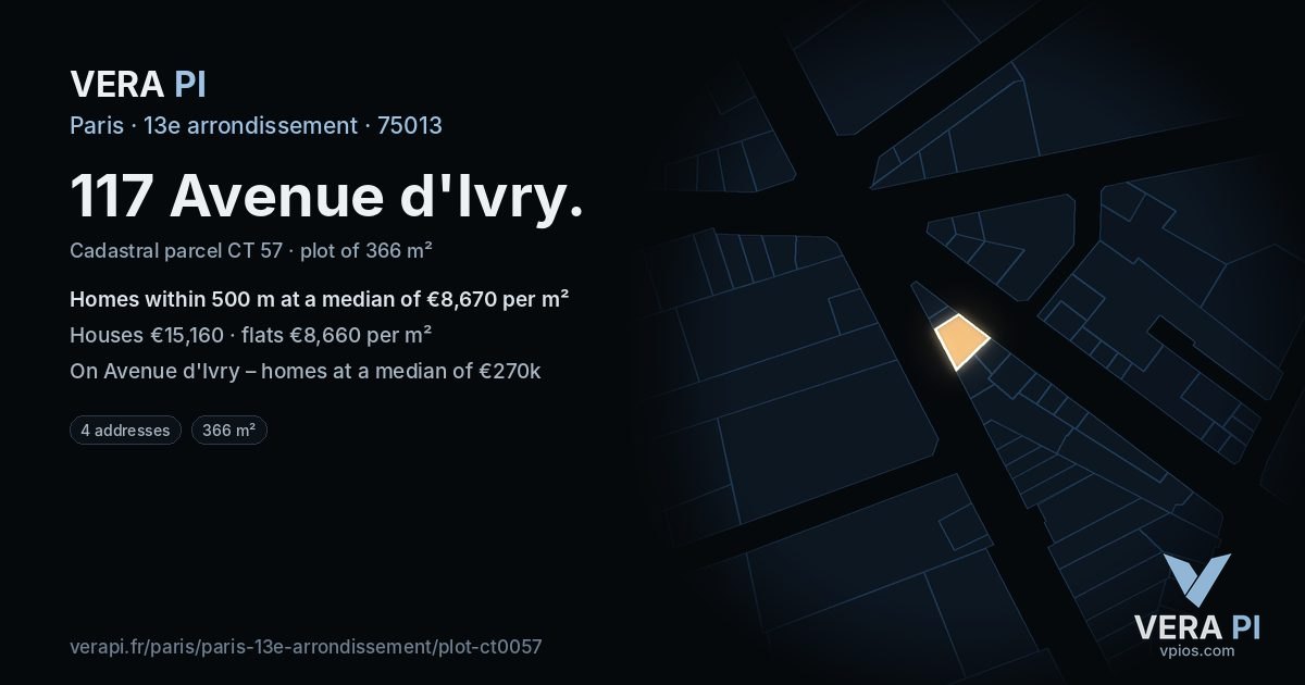 117 Avenue d'Ivry, 13e arrondissement at night – the plot lit, the parcels around coloured by the prices near them