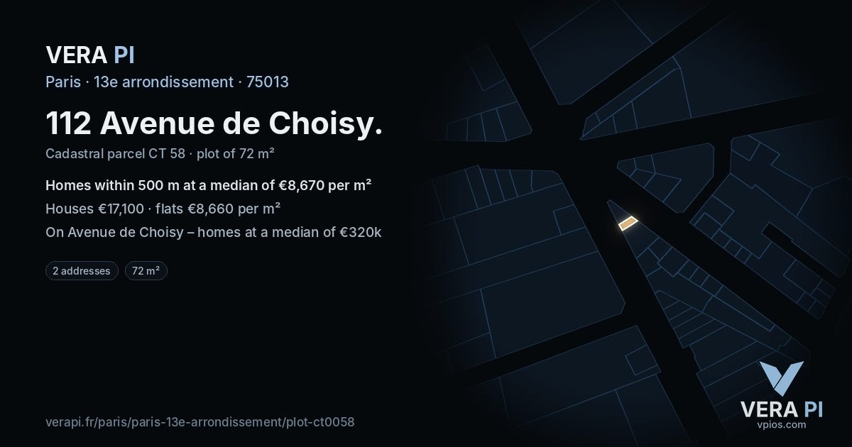 112 Avenue de Choisy, 13e arrondissement at night – the plot lit, the parcels around coloured by the prices near them