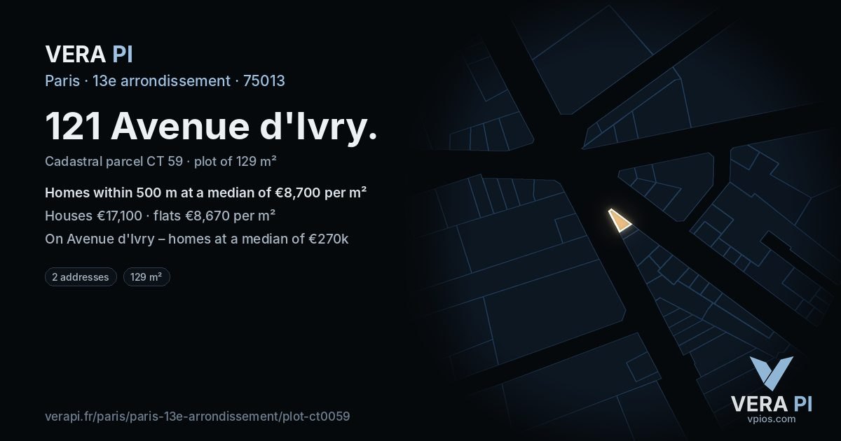 121 Avenue d'Ivry, 13e arrondissement at night – the plot lit, the parcels around coloured by the prices near them