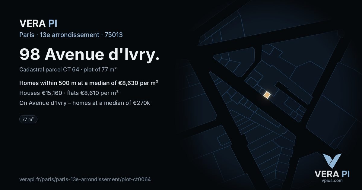 98 Avenue d'Ivry, 13e arrondissement at night – the plot lit, the parcels around coloured by the prices near them