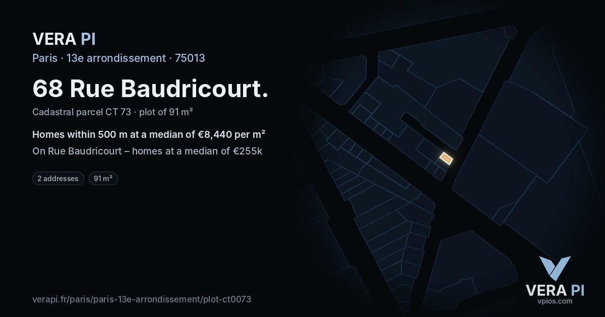 68 Rue Baudricourt, 13e arrondissement at night – the plot lit, the parcels around coloured by the prices near them