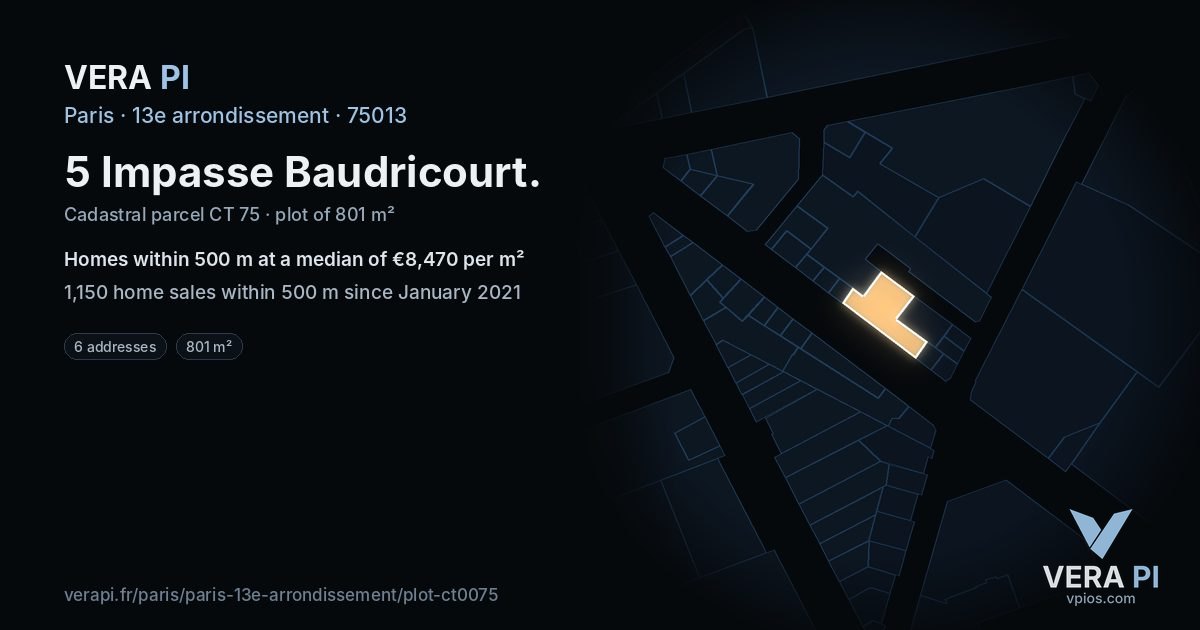 5 Impasse Baudricourt, 13e arrondissement at night – the plot lit, the parcels around coloured by the prices near them