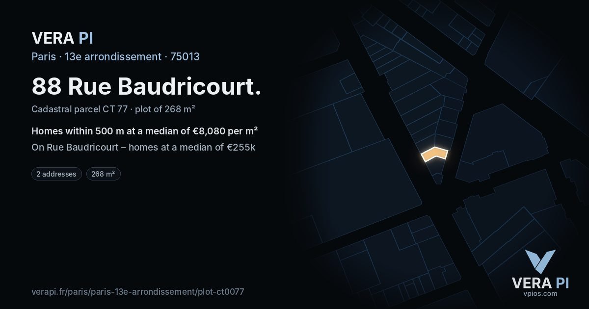 88 Rue Baudricourt, 13e arrondissement at night – the plot lit, the parcels around coloured by the prices near them