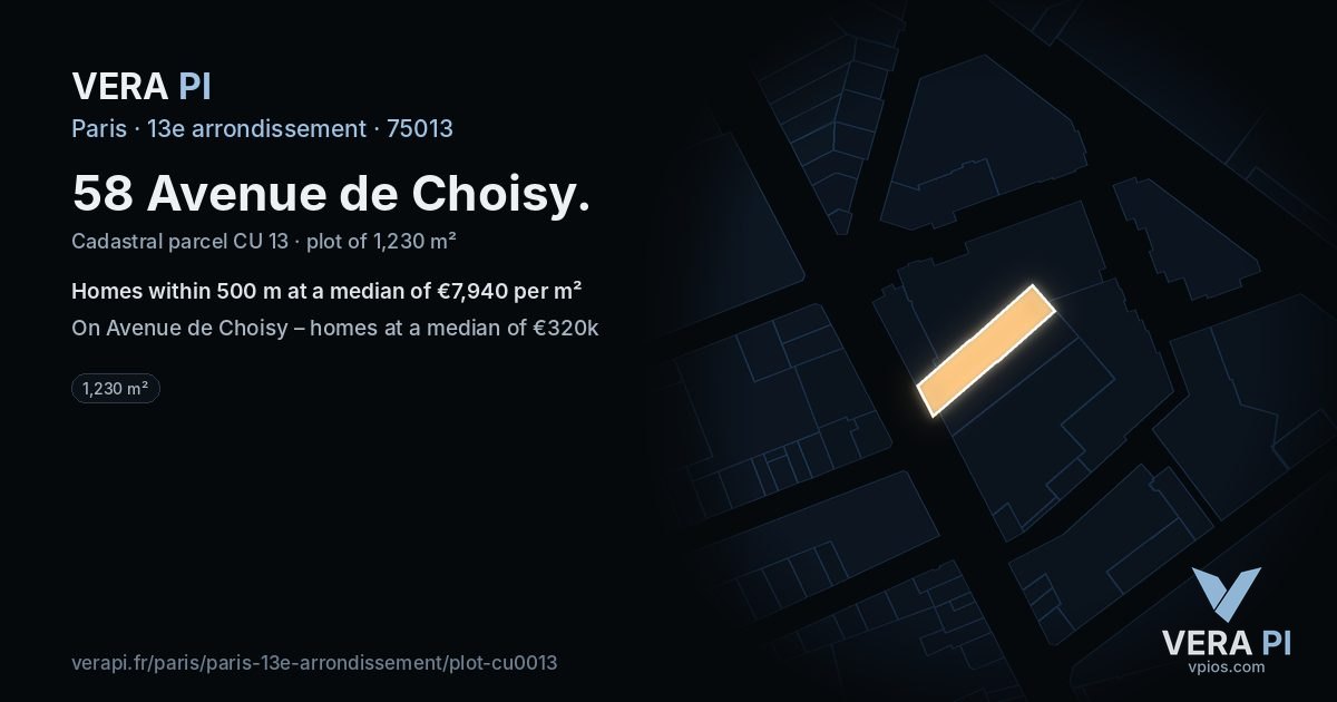 58 Avenue de Choisy, 13e arrondissement at night – the plot lit, the parcels around coloured by the prices near them