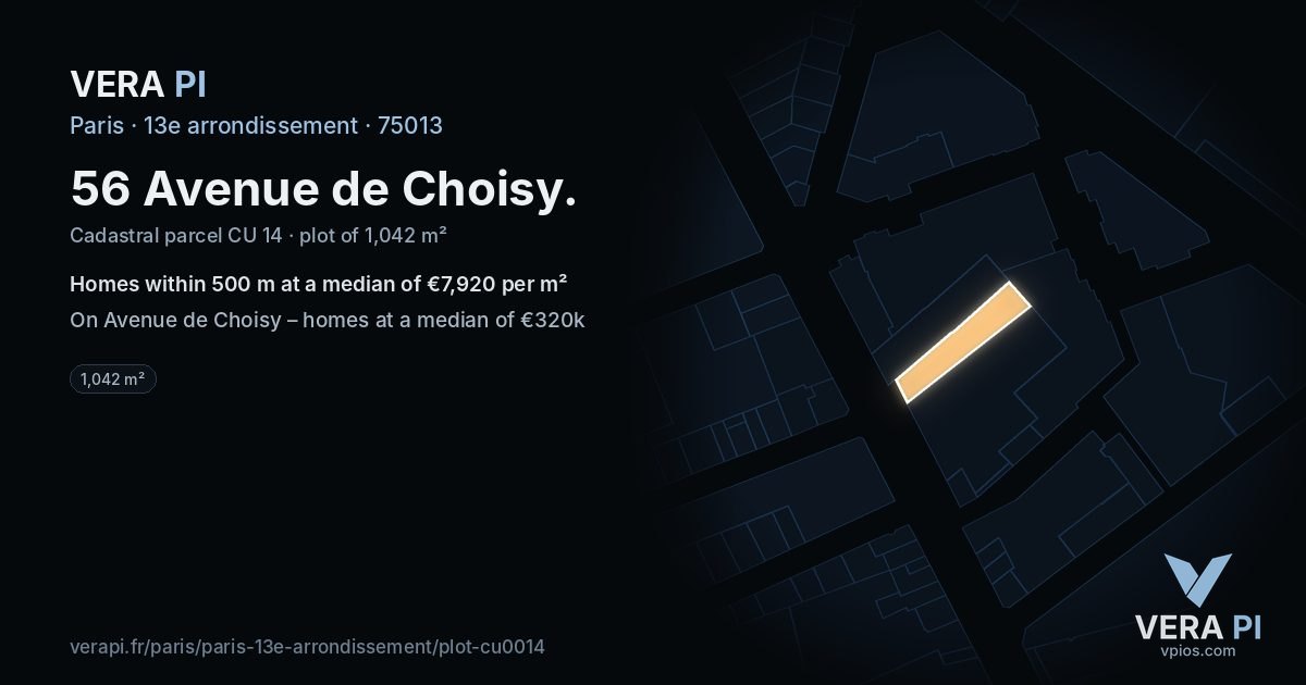 56 Avenue de Choisy, 13e arrondissement at night – the plot lit, the parcels around coloured by the prices near them