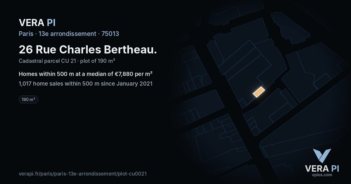 26 Rue Charles Bertheau, 13e arrondissement at night – the plot lit, the parcels around coloured by the prices near them