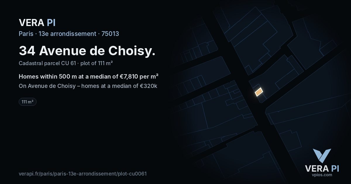34 Avenue de Choisy, 13e arrondissement at night – the plot lit, the parcels around coloured by the prices near them