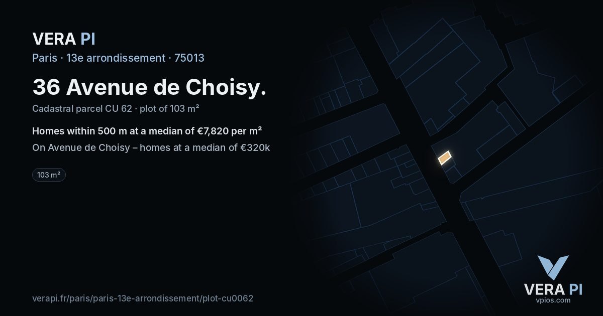 36 Avenue de Choisy, 13e arrondissement at night – the plot lit, the parcels around coloured by the prices near them