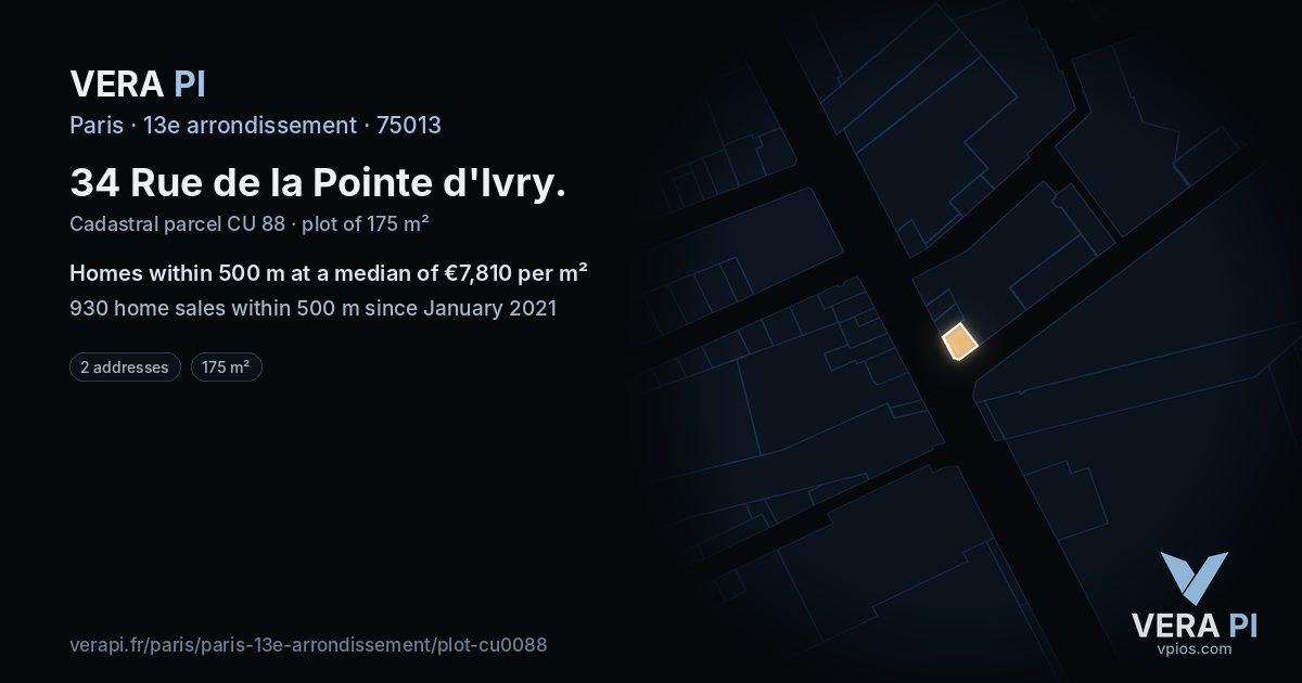 34 Rue de la Pointe d'Ivry, 13e arrondissement at night – the plot lit, the parcels around coloured by the prices near them