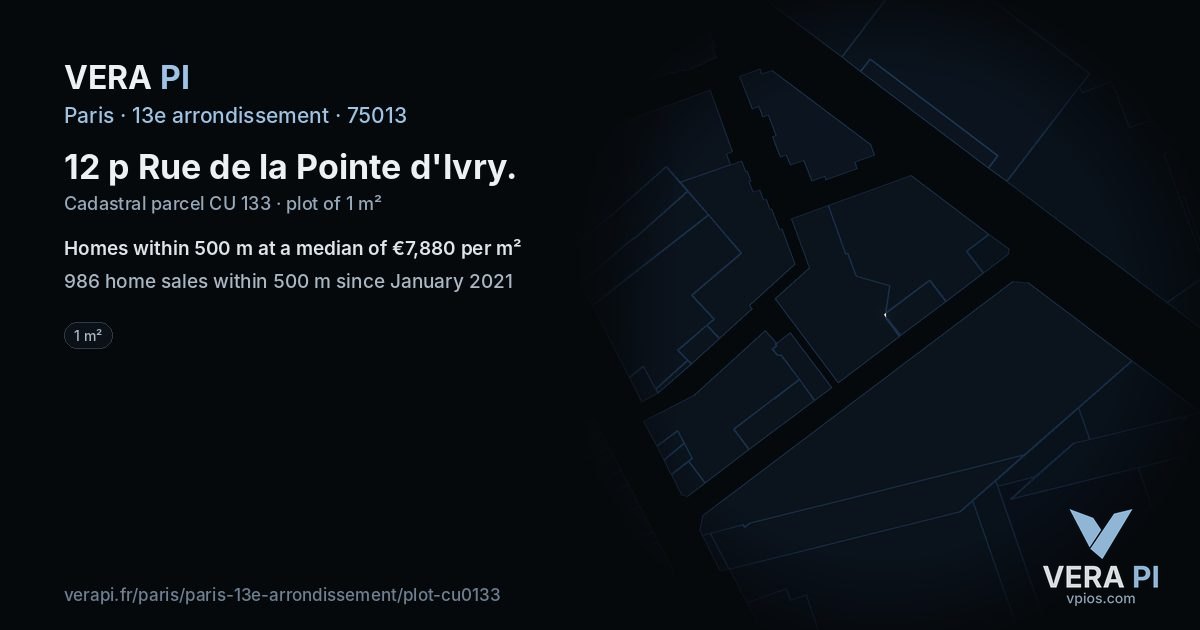12 p Rue de la Pointe d'Ivry, 13e arrondissement at night – the plot lit, the parcels around coloured by the prices near them