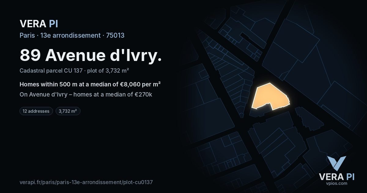 89 Avenue d'Ivry, 13e arrondissement at night – the plot lit, the parcels around coloured by the prices near them