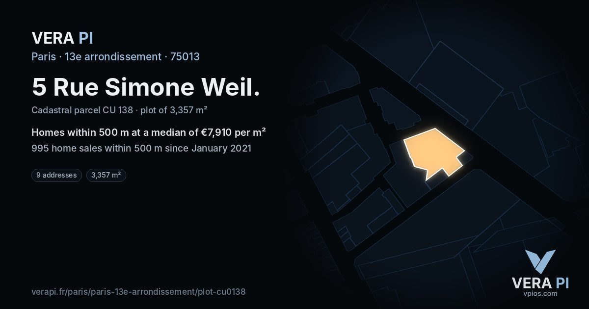 5 Rue Simone Weil, 13e arrondissement at night – the plot lit, the parcels around coloured by the prices near them