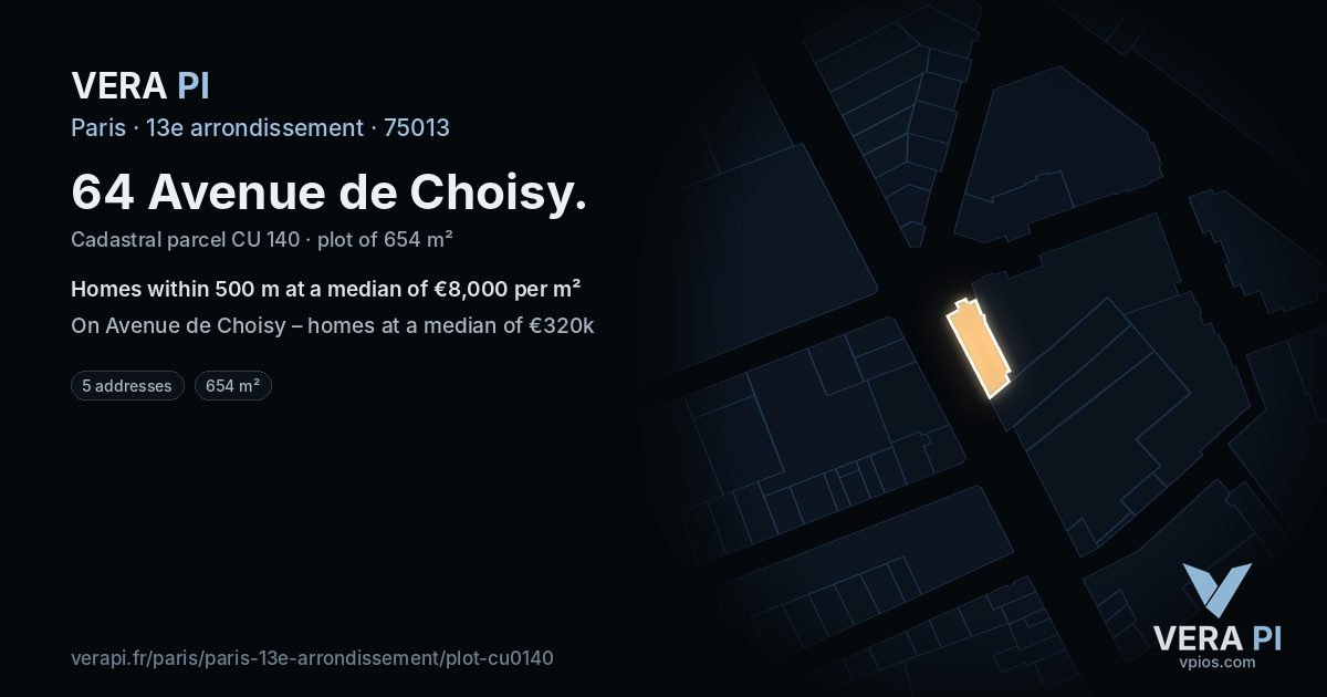 64 Avenue de Choisy, 13e arrondissement at night – the plot lit, the parcels around coloured by the prices near them