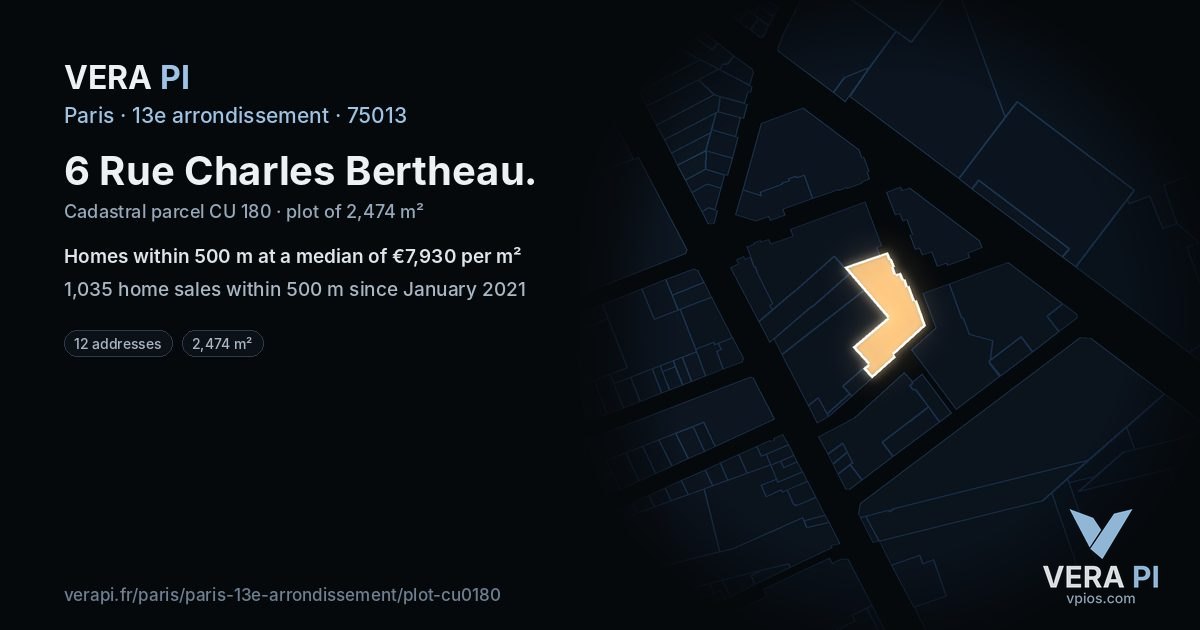 6 Rue Charles Bertheau, 13e arrondissement at night – the plot lit, the parcels around coloured by the prices near them