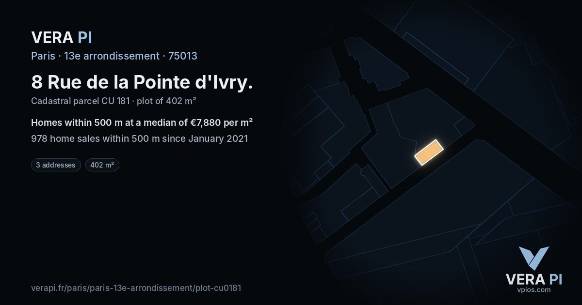 8 Rue de la Pointe d'Ivry, 13e arrondissement at night – the plot lit, the parcels around coloured by the prices near them