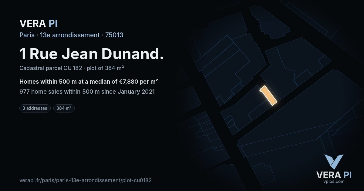 1 Rue Jean Dunand, 13e arrondissement at night – the plot lit, the parcels around coloured by the prices near them