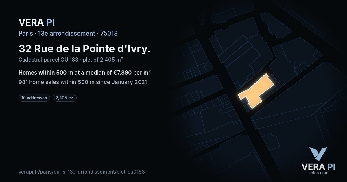 32 Rue de la Pointe d'Ivry, 13e arrondissement at night – the plot lit, the parcels around coloured by the prices near them