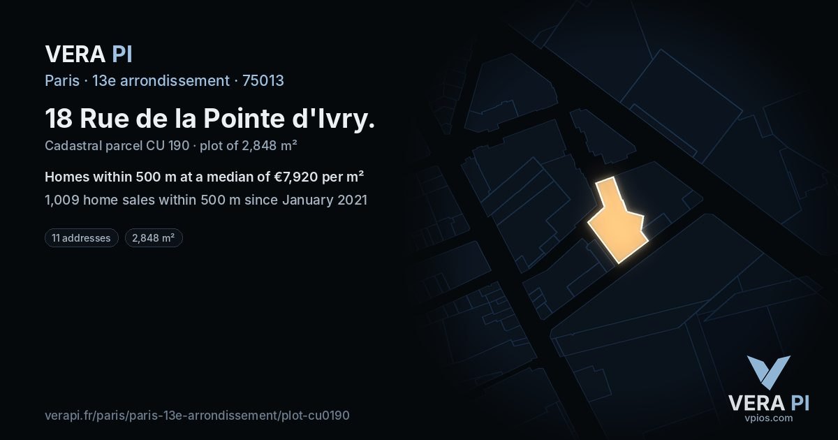 18 Rue de la Pointe d'Ivry, 13e arrondissement at night – the plot lit, the parcels around coloured by the prices near them