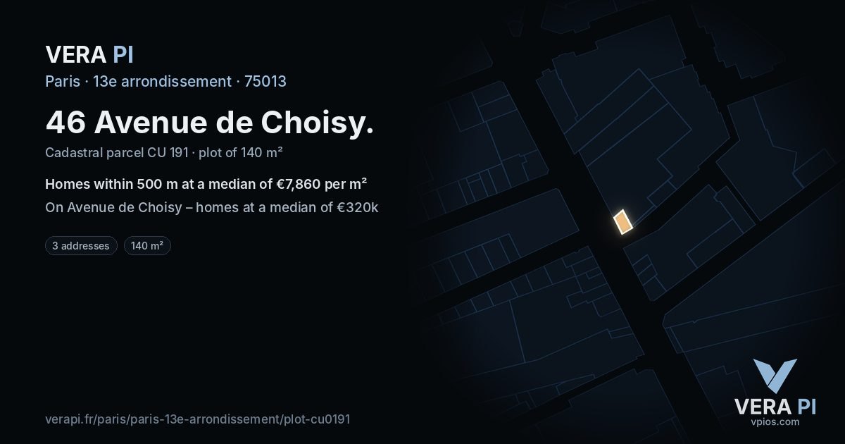 46 Avenue de Choisy, 13e arrondissement at night – the plot lit, the parcels around coloured by the prices near them