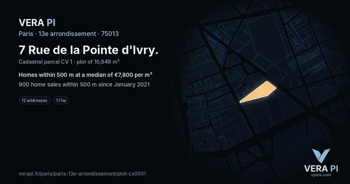 7 Rue de la Pointe d'Ivry, 13e arrondissement at night – the plot lit, the parcels around coloured by the prices near them