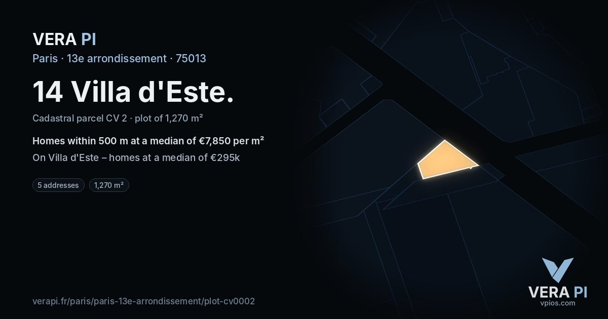14 Villa d'Este, 13e arrondissement at night – the plot lit, the parcels around coloured by the prices near them
