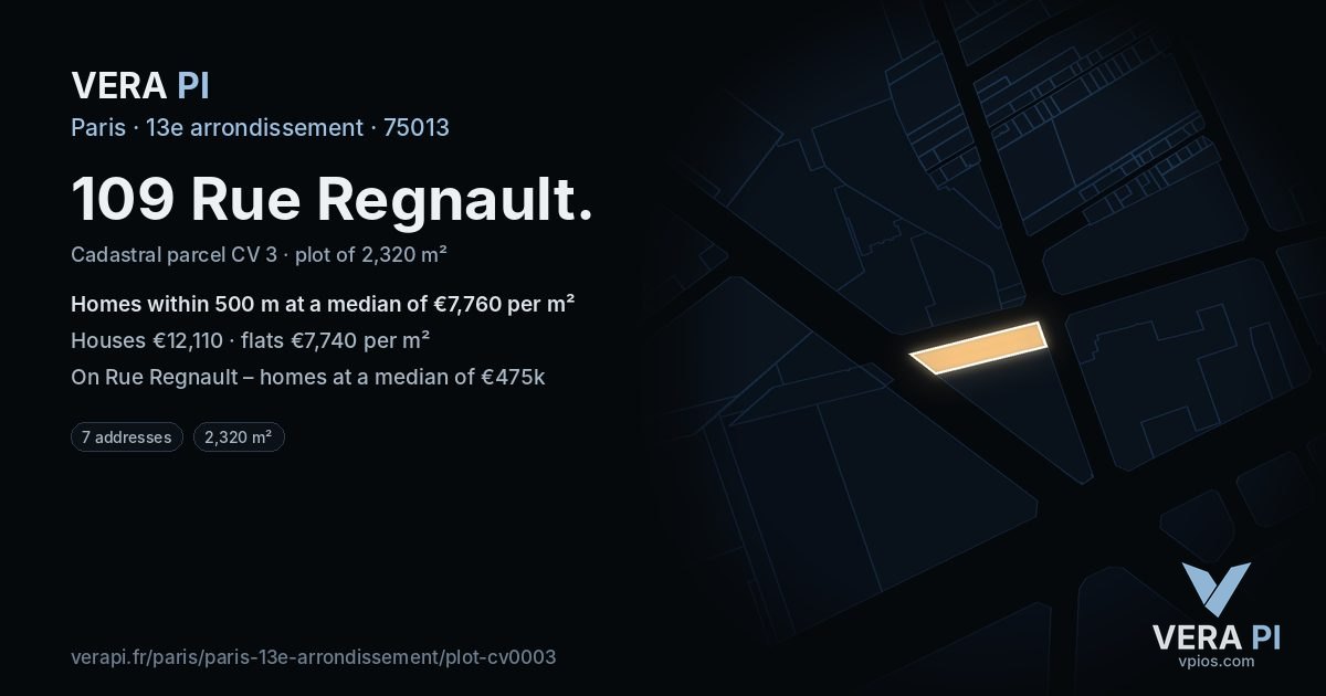 109 Rue Regnault, 13e arrondissement at night – the plot lit, the parcels around coloured by the prices near them