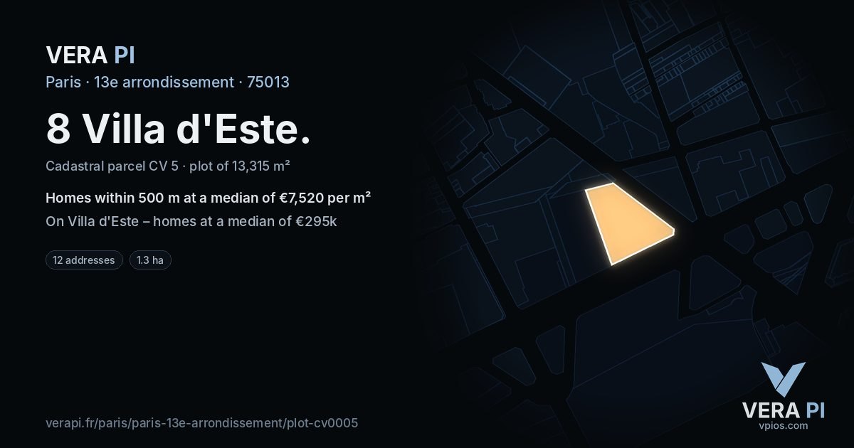 8 Villa d'Este, 13e arrondissement at night – the plot lit, the parcels around coloured by the prices near them