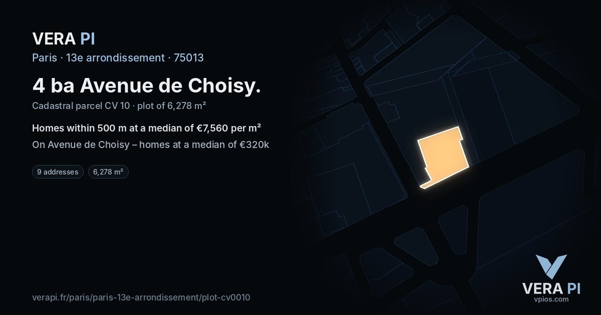 4 ba Avenue de Choisy, 13e arrondissement at night – the plot lit, the parcels around coloured by the prices near them
