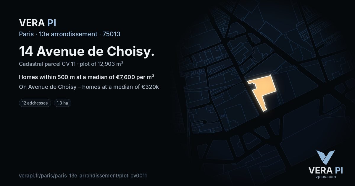 14 Avenue de Choisy, 13e arrondissement at night – the plot lit, the parcels around coloured by the prices near them