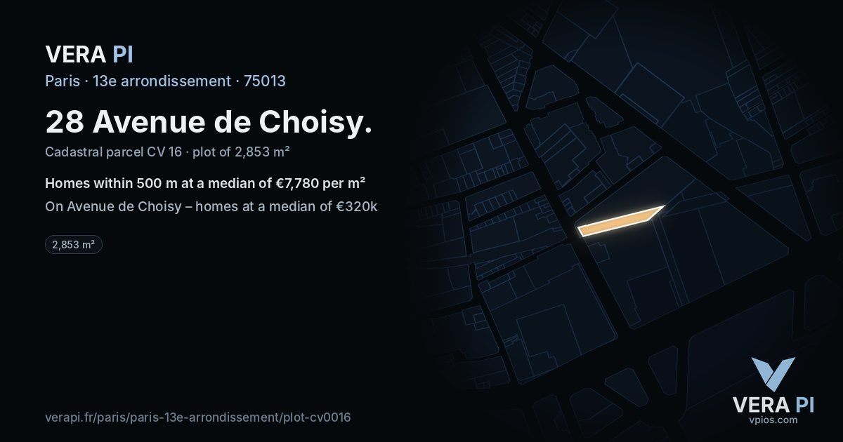 28 Avenue de Choisy, 13e arrondissement at night – the plot lit, the parcels around coloured by the prices near them