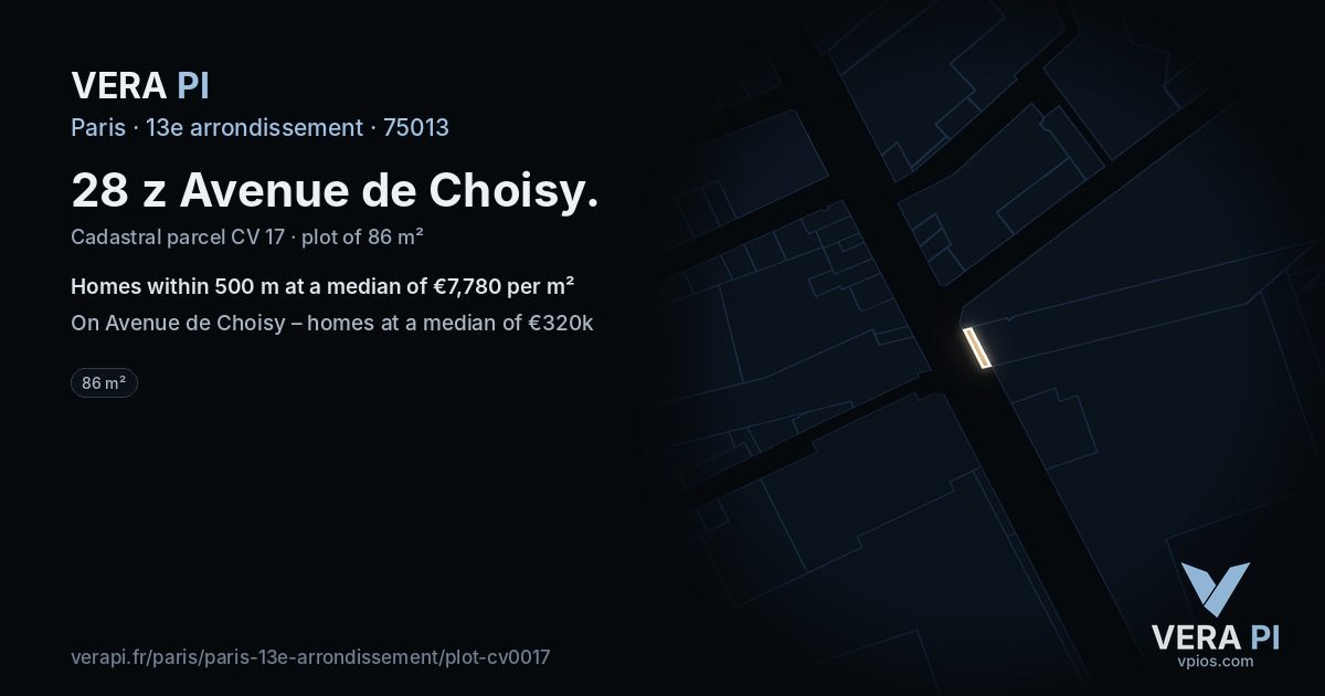 28 z Avenue de Choisy, 13e arrondissement at night – the plot lit, the parcels around coloured by the prices near them