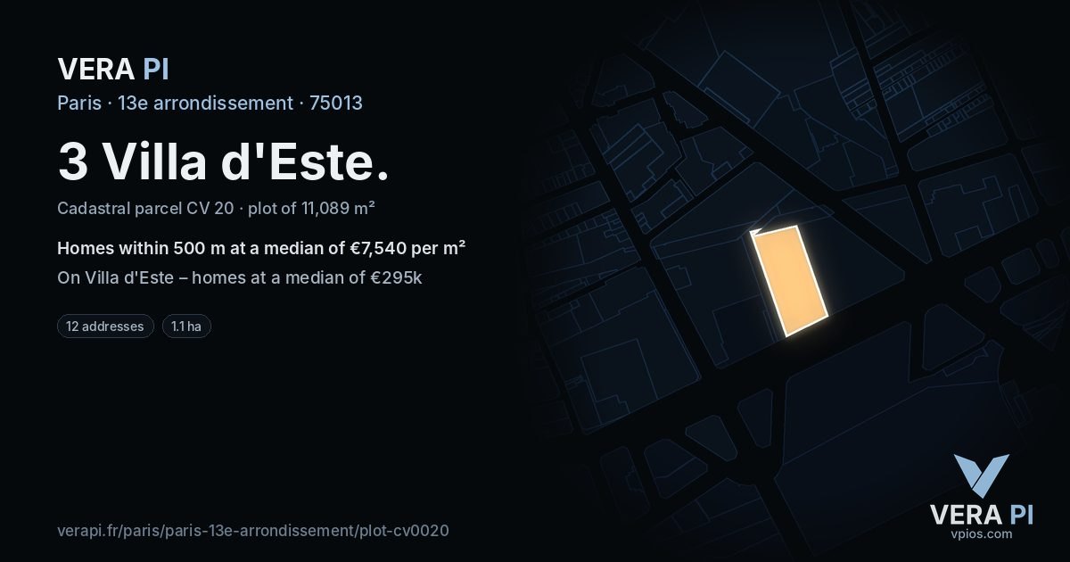 3 Villa d'Este, 13e arrondissement at night – the plot lit, the parcels around coloured by the prices near them