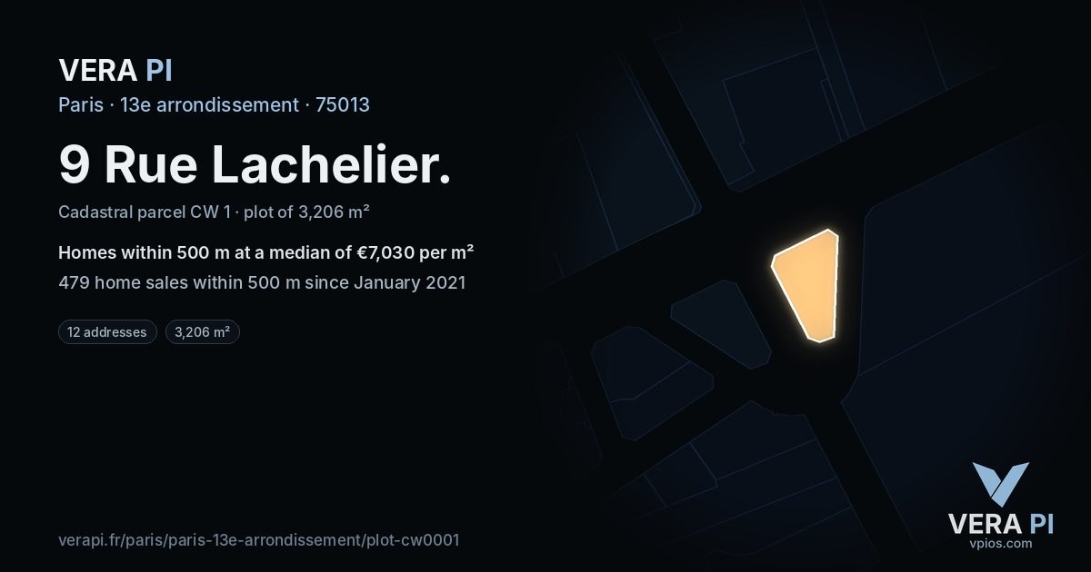 9 Rue Lachelier, 13e arrondissement at night – the plot lit, the parcels around coloured by the prices near them