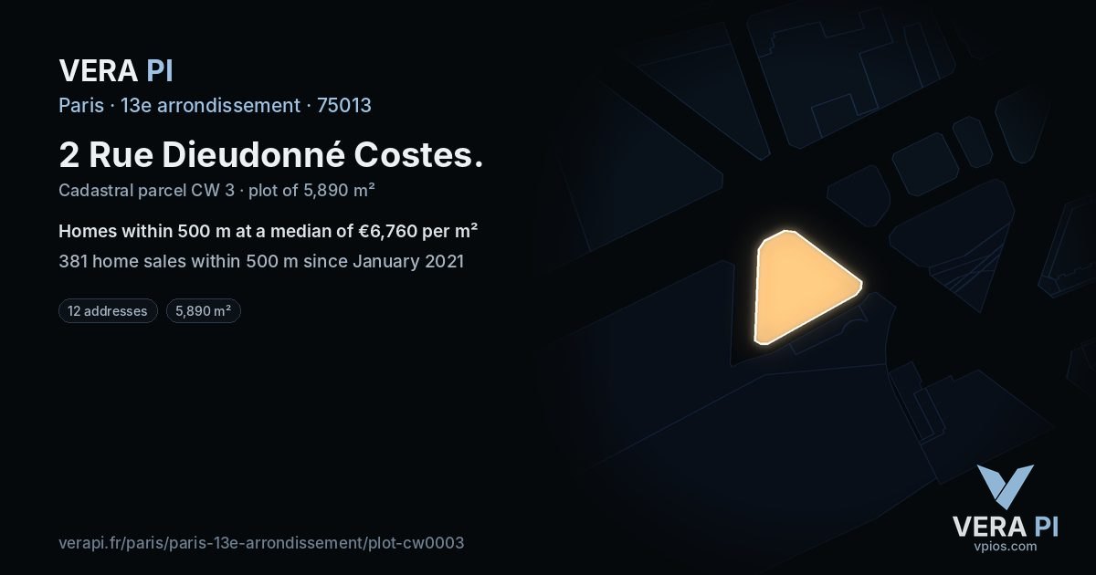 2 Rue Dieudonné Costes, 13e arrondissement at night – the plot lit, the parcels around coloured by the prices near them