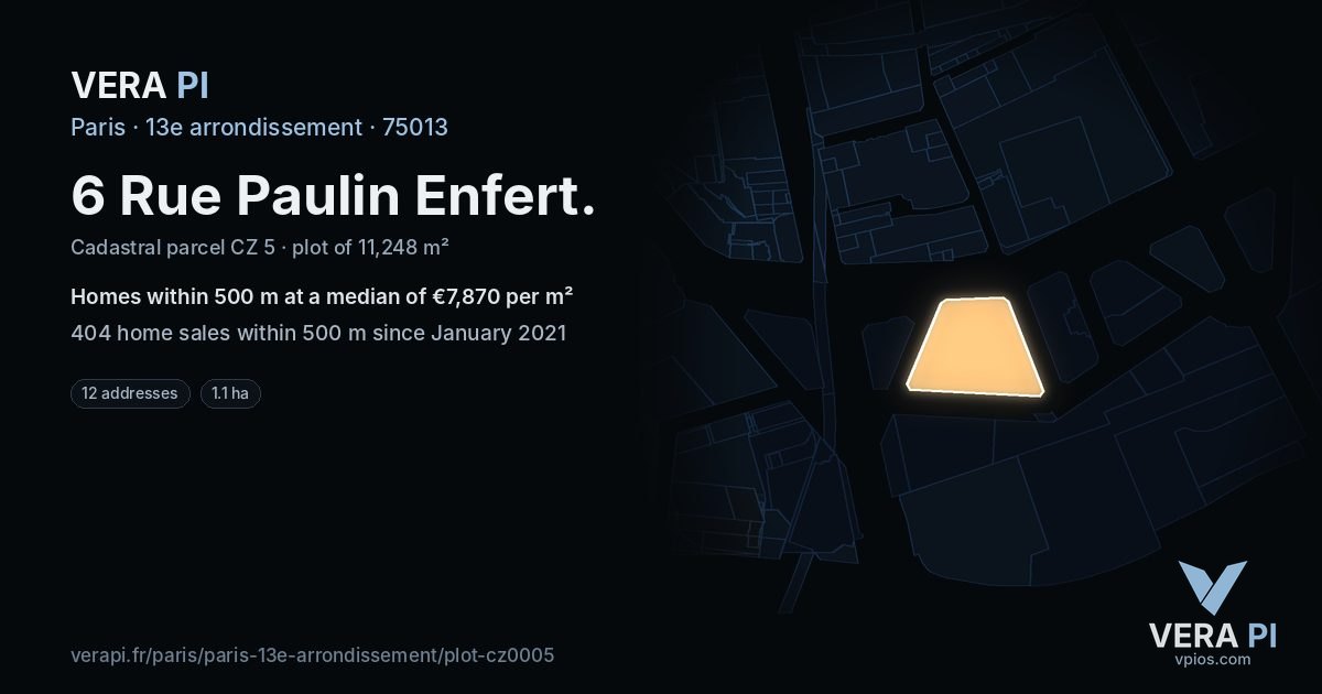 6 Rue Paulin Enfert, 13e arrondissement at night – the plot lit, the parcels around coloured by the prices near them