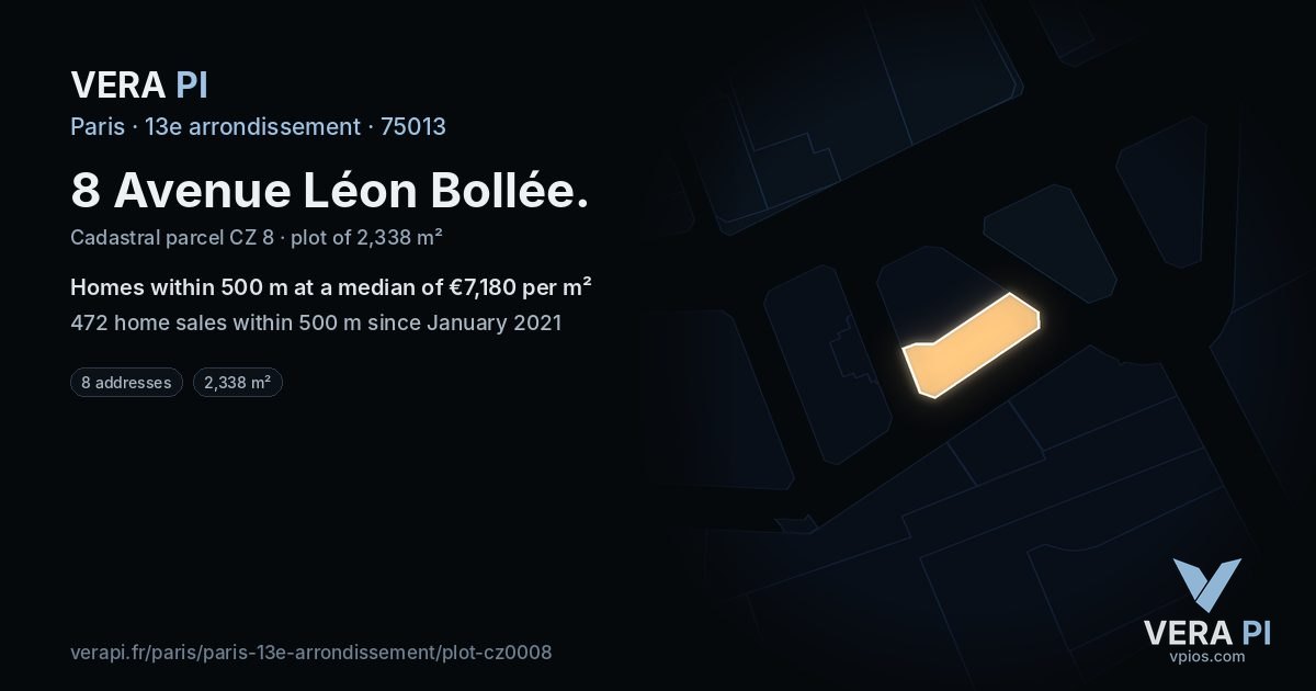 8 Avenue Léon Bollée, 13e arrondissement at night – the plot lit, the parcels around coloured by the prices near them