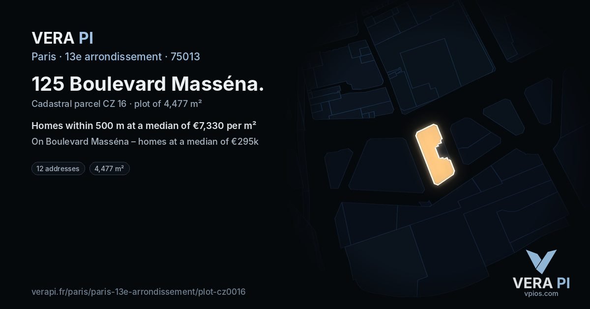 125 Boulevard Masséna, 13e arrondissement at night – the plot lit, the parcels around coloured by the prices near them