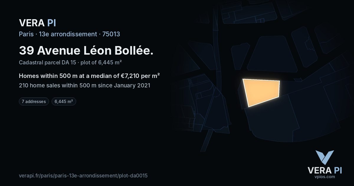 39 Avenue Léon Bollée, 13e arrondissement at night – the plot lit, the parcels around coloured by the prices near them